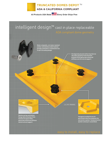 TDD-ATC-25 Truncated Domes Cast-in-Place Replaceable Tiles - 2' x 5' - features